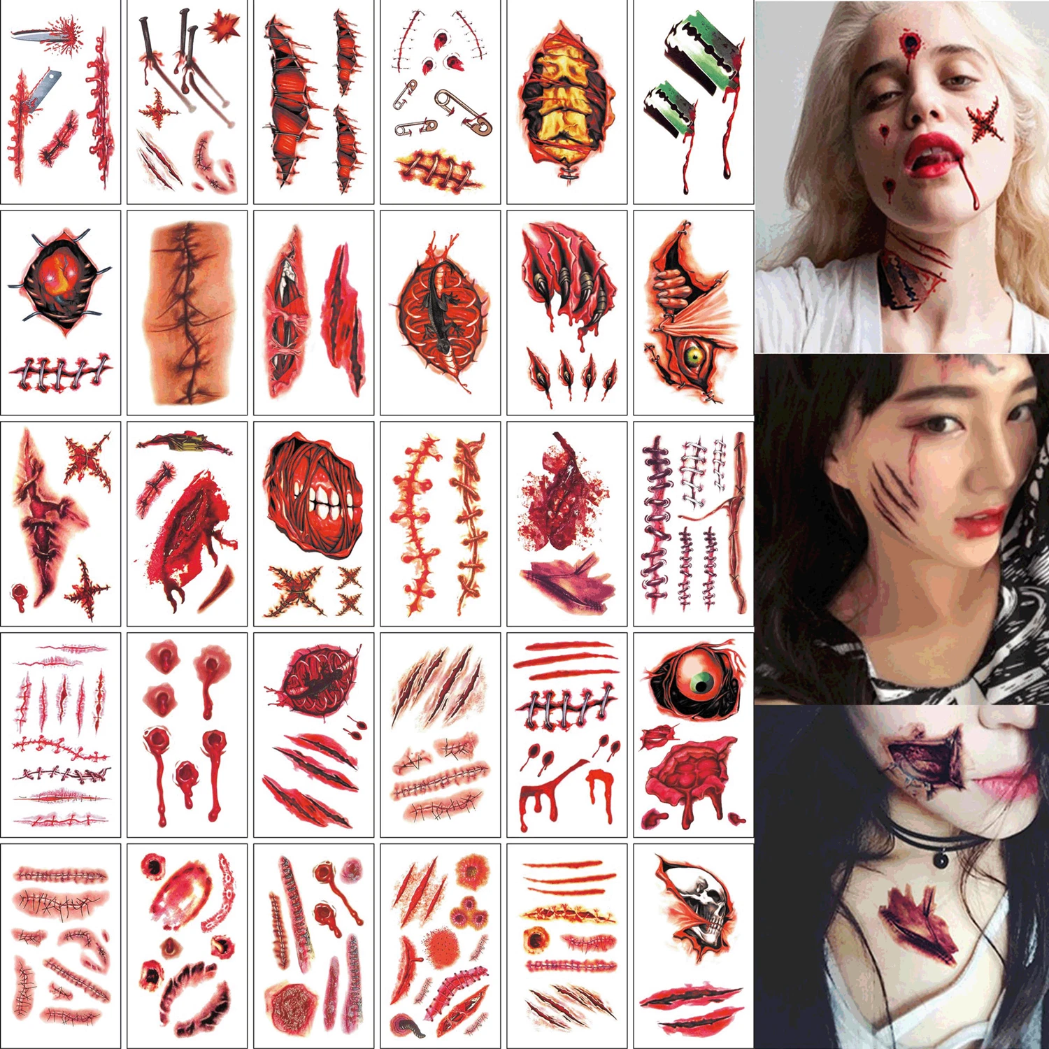 Horror Realistic Fake Bloody Wound Stitch Scar Scab Waterproof Temporary Tattoo Sticker Halloween Masquerade Prank Makeup Props