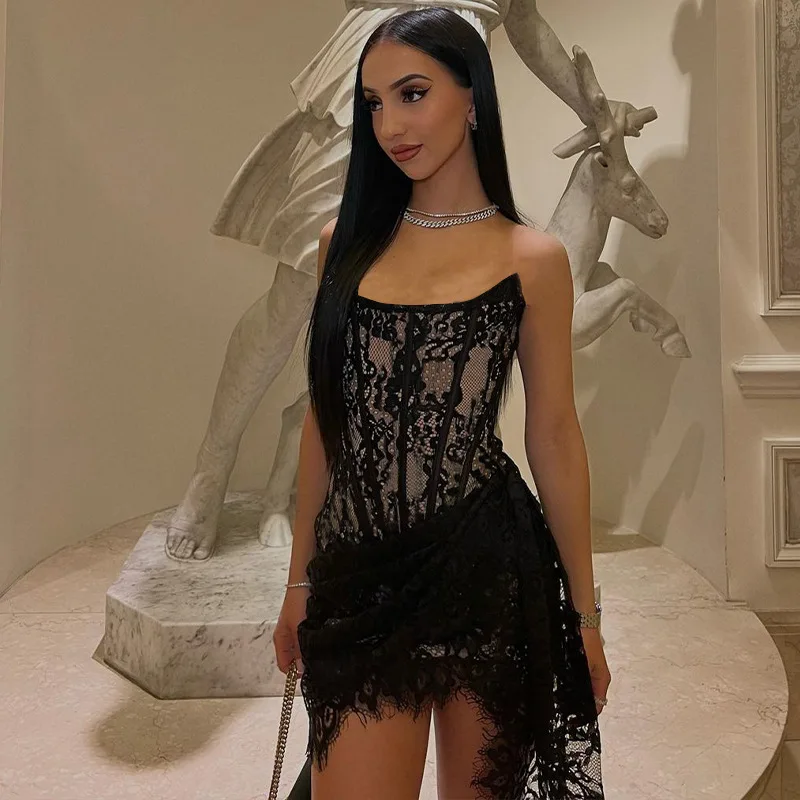 SKMY Women'S Sexy Lace Mesh One Shoulder Bra Perspective Short Elegant Party Dress image 3