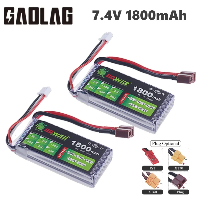 7.4V 1800mAh 2S LiPo Battery 40C For RC Car Quadcopter Helicopter Boat Drones Spare Parts 7.4V Battery With T JST XT30 XT60 Plug