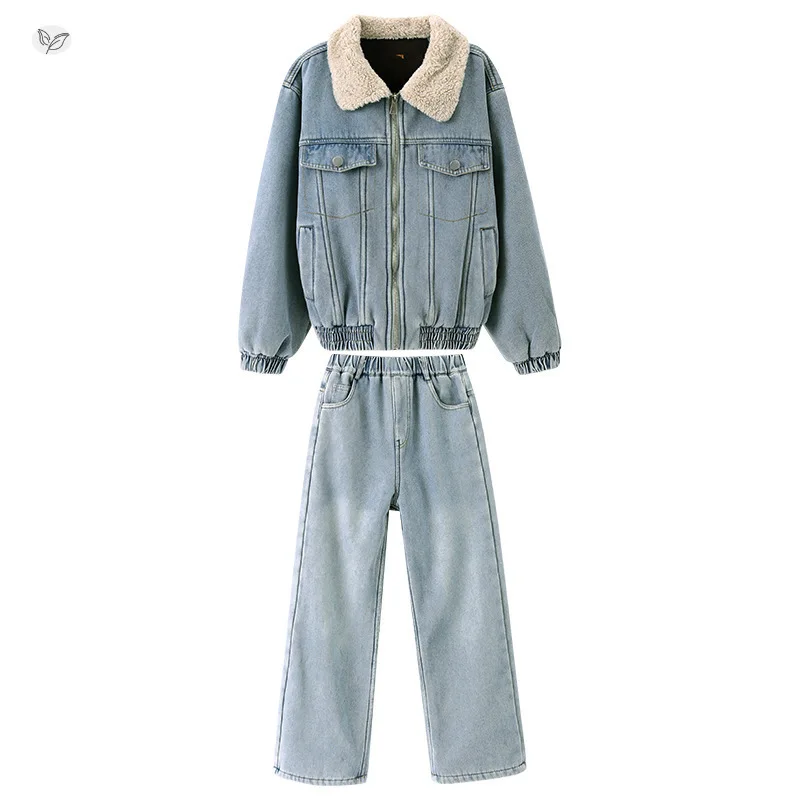 الفتيات الدنيم الزي مجموعة 2025 الشتاء موضة الفراء طوق سترة قصيرة بنطال ذو قصة أرجل واسعة 2-قطعة رشاقته الدافئة في سن المراهقة الاطفال الملابس 6-14 Y