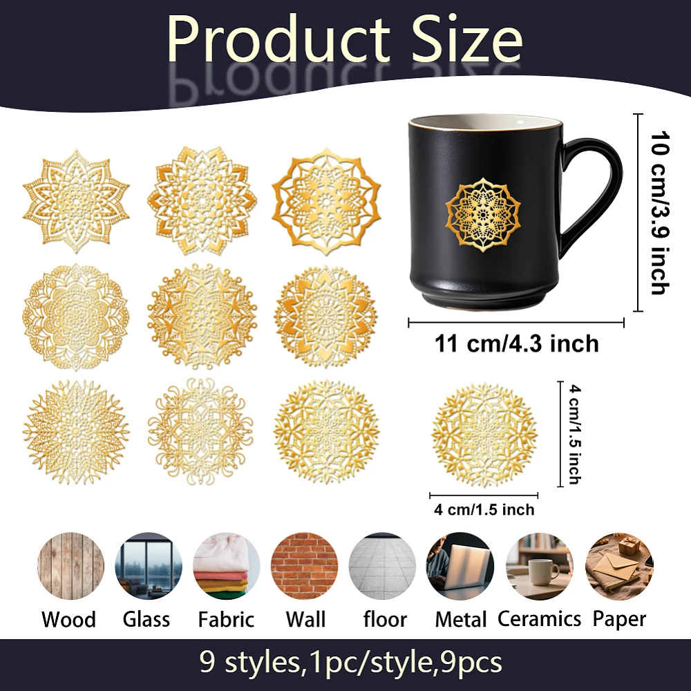 9Pcs Golden Self Adhesive Stickers 4cmx4cm Flower Metal Decal Mandala Waterproof Decorate Sticker for Scrapbooks Resin Crafts