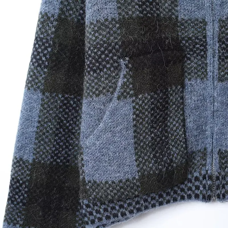 Women's Vintage Plaid Knitted Cardigan Female Loose Long-Sleeved Zipper Sweater Jacket  Autumn Winter Lady Street Knitwear