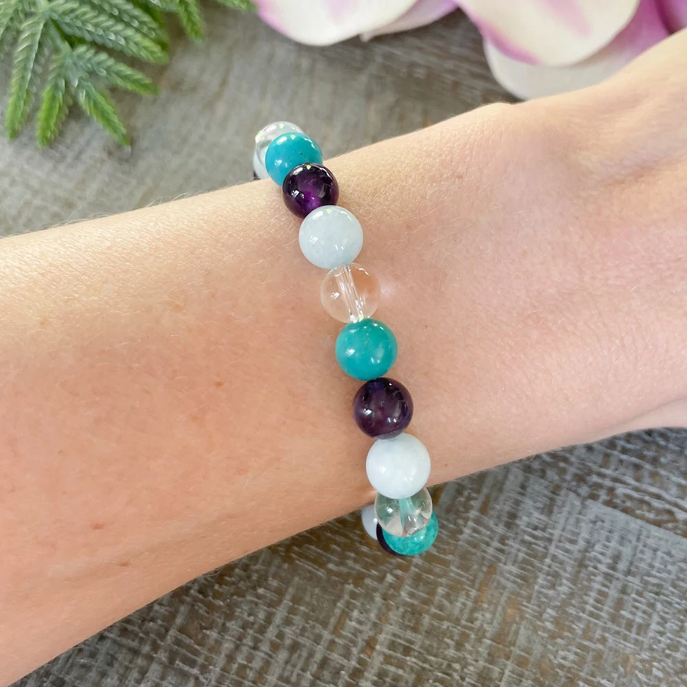 Ruberthen Pisces Zodiac Gemstone Bracelet Turquoise Amethyst Aquamarine Clear Quartz Healing Crystals Jewelry March Birthstone