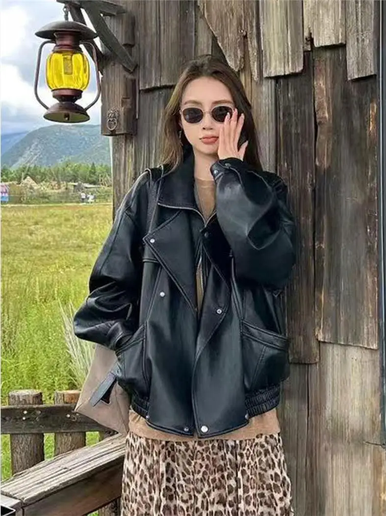 

Black Leather Jacket Women's Stylish Cool Design Autumn New Arrival Versatile Motorcycle Clothes Outerwear Commute Style Long...