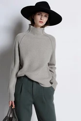 2023 autumn and winter new lazy style turtleneck 100% cashmere sweater women's thick pullover sweater loose knit bottom shirt