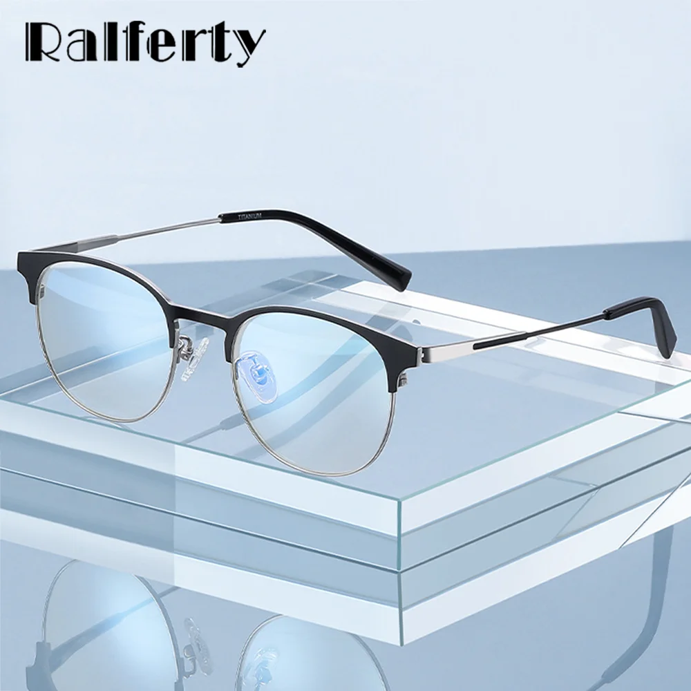 Ralferty Pure Titanium Glasses Men Optical Men's Eyeglasses Frame Round Spectacle 0 Diopter Myopia Optical Frames No Dioptric