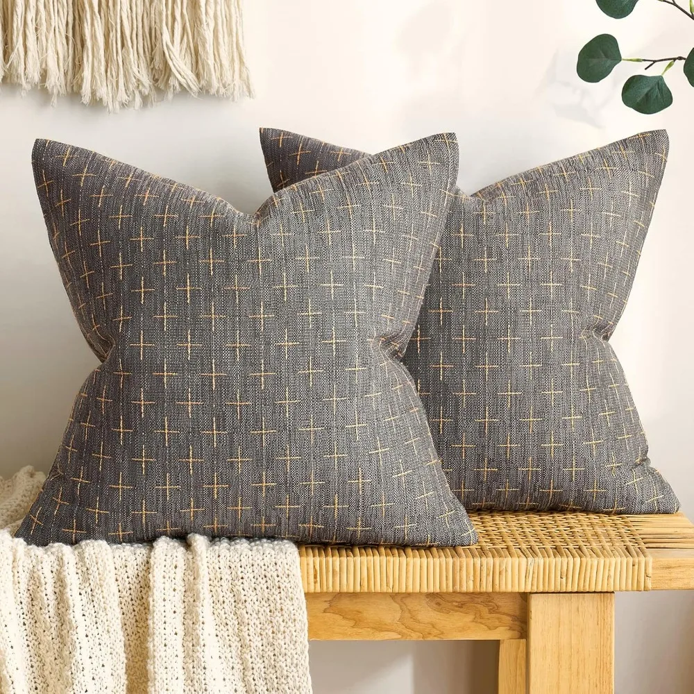

Set of 2 Modern Farmhouse Style Burlap Pillow Covers, 24x24 Inches for Sofa, Couch, or Bed