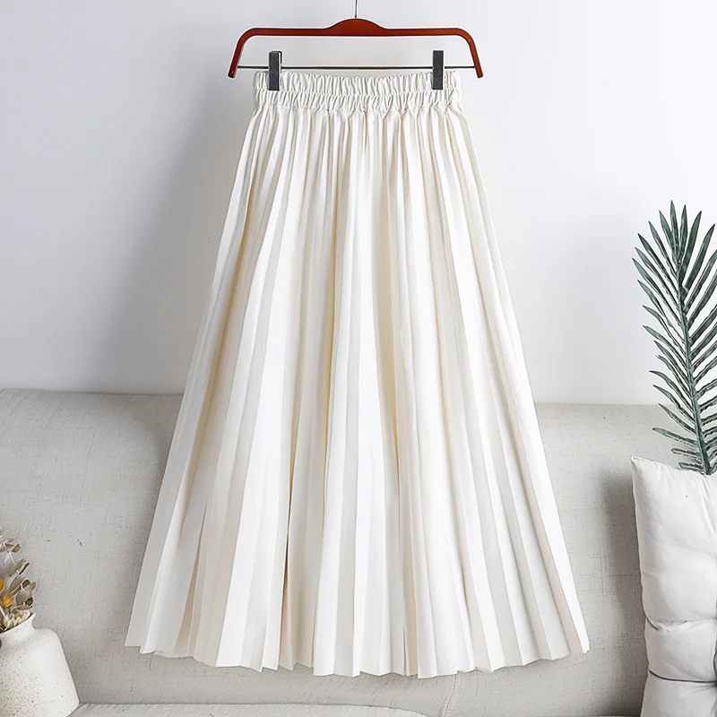 Nieuw in dames herfst winter effen kleur PU-leer geplooide taille A-lijn midi lange rok kantoor dame elegante losse rokken