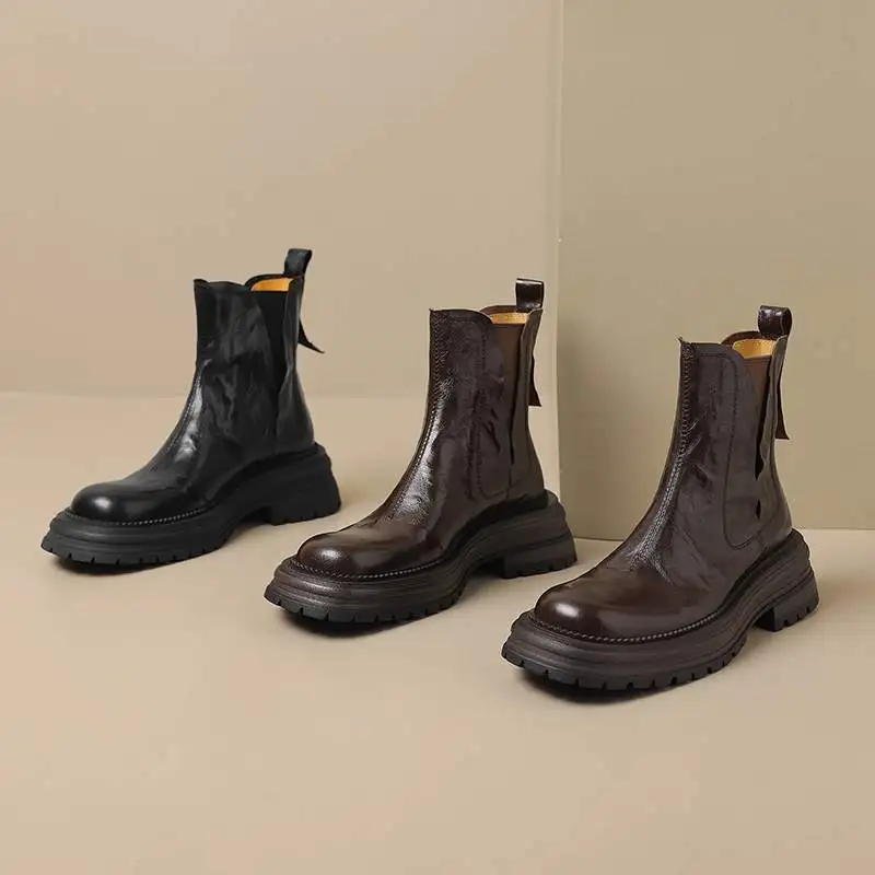 Krazing Pot owcza skóra w stylu Vintage z okrągłym noskiem zimowe ciepłe Chelsea Boots szpilki w stylu