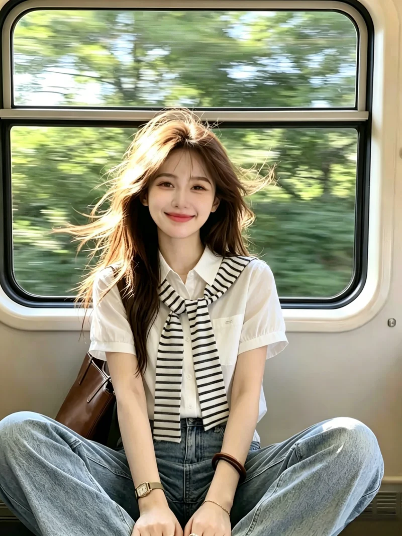 

Summer Stripe Shawl Collar Short Sleeve Women's Shirt Korean Style Loose Versatile Fashionable Top Self-Preserving Design
