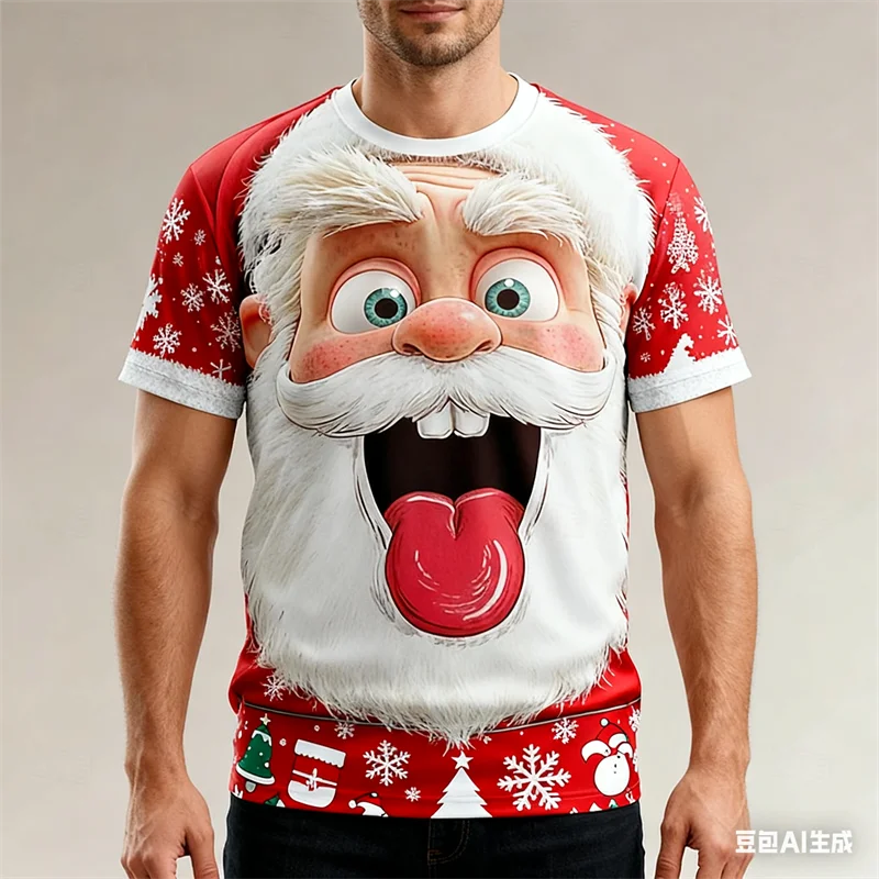 

Christmas Men's T-shirt Fun Santa Claus Pattern Print Men Women's Short Sleeve Tops Breathable O-neck X'mas Party Unisex Clothes