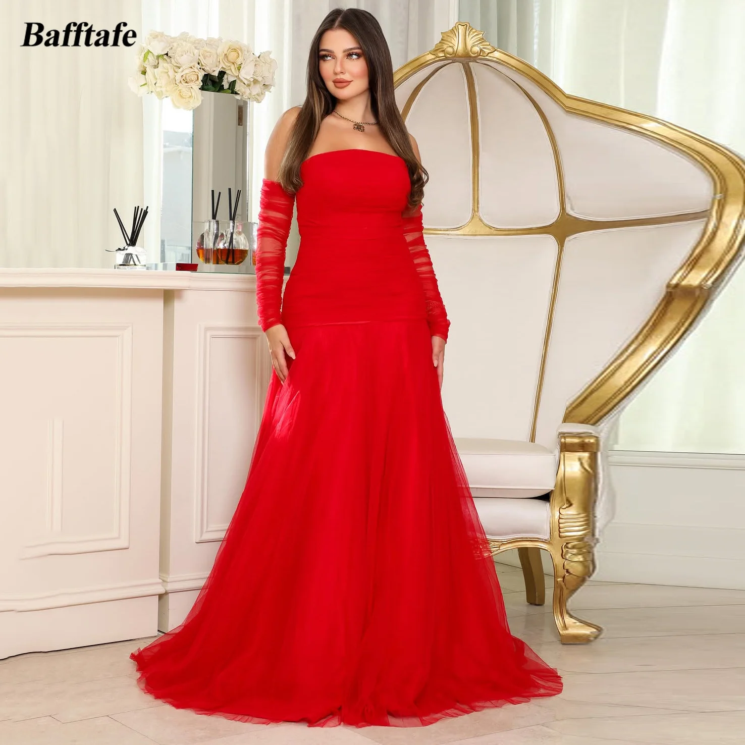 

Bafftafe красное платье-футляр из тюля по индивидуальному заказу, вечерние платья для выпускного вечера с длинными рукавами, вечерние платья для особых случаев, арабское платье на день рождения 2026