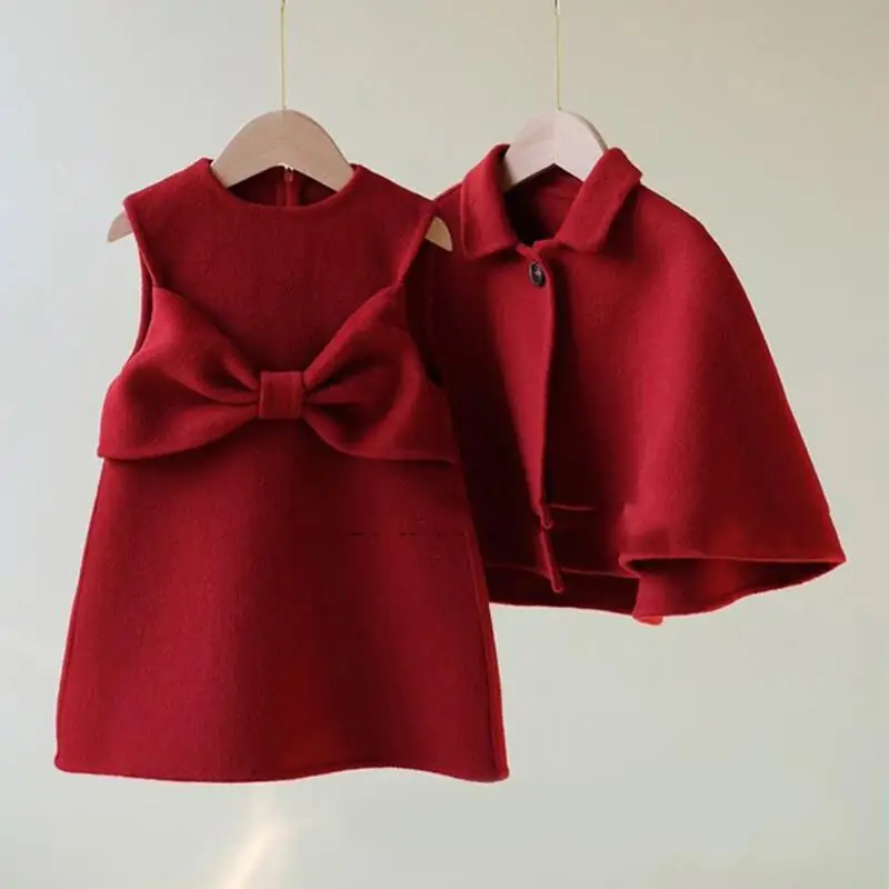 Kawaii معطف غير رسمي مجموعة عصرية ونمط غربي عيد ميلاد السنة الجديدة فستان الفتاة عباءة حمراء سترة قطعتين ملابس الشتاء #1