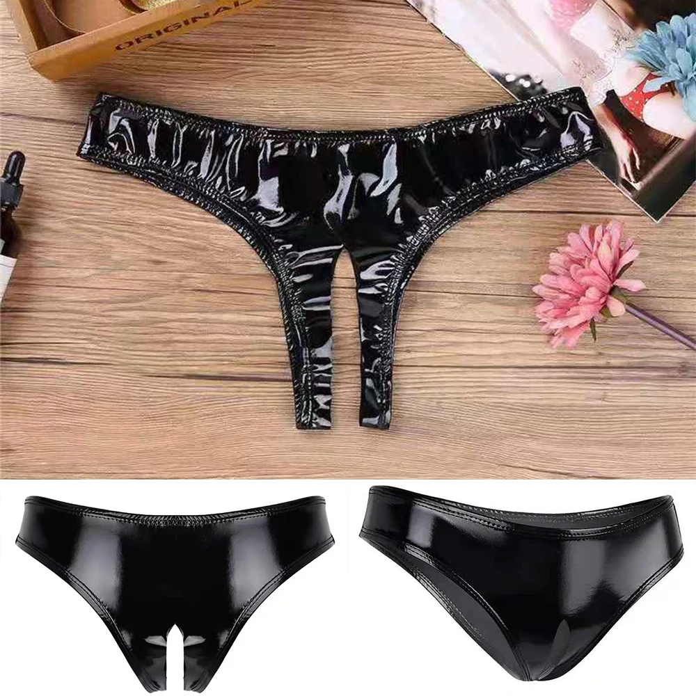 Womens Wet PVC Open Crotch Briefs Sexy Lingerie Crotchless Panties Party Clubwear Costume High Cut Mini G-string Culbwear A50