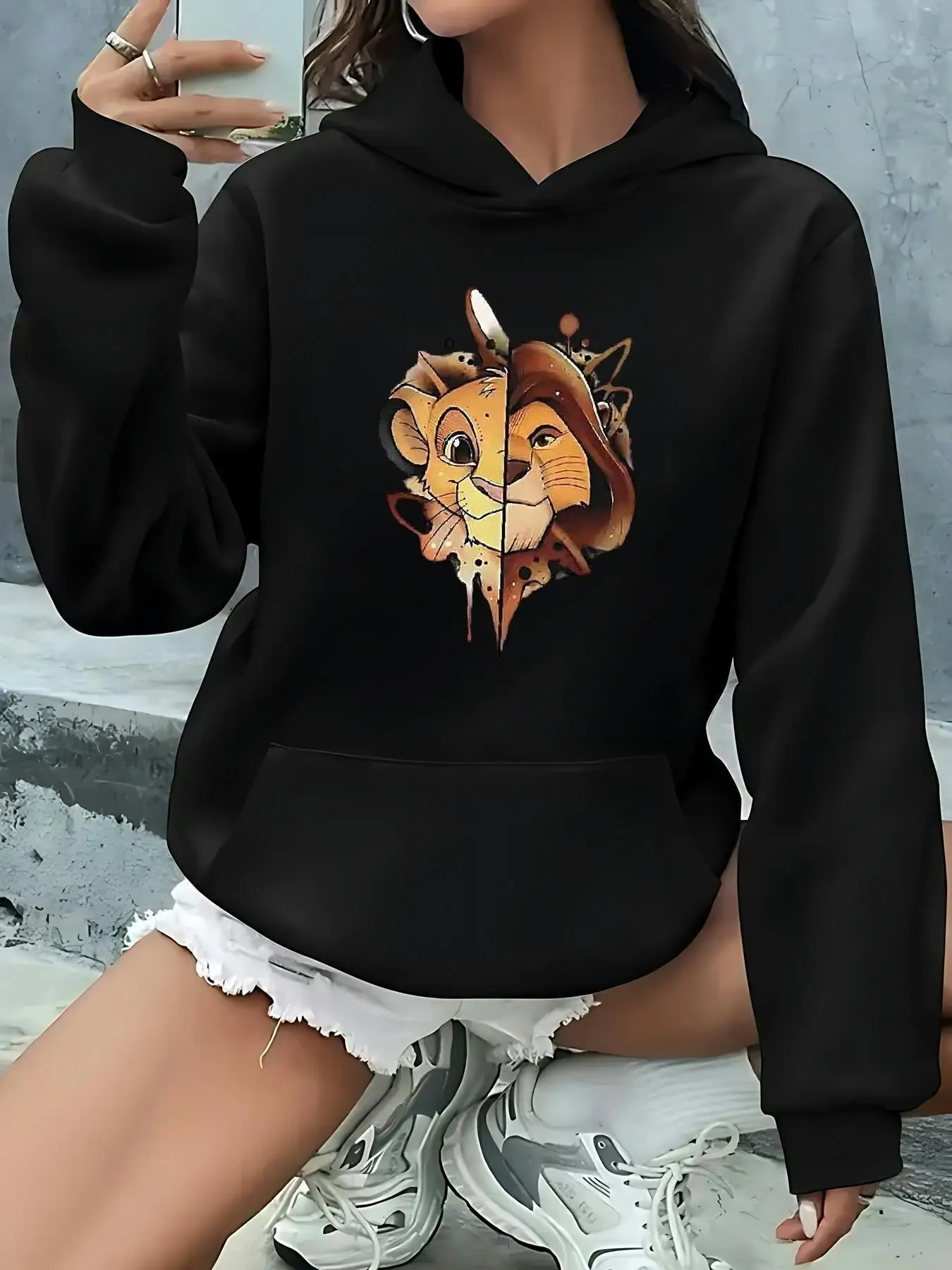 เสื้อฮู้ดดี้ลายซิมบ้าราชาสิงโต ดิสนีย์ สำหรับผู้หญิง ฤดูใบไม้ร่วง ฤดูหนาว เสื้อสวมหัวลำลองแบบยูนิเซ็กส์ เสื้อสเวตเชิ้ต เสื้อฮู้ดดี้ สตรีทแวร์ ไซส์ใหญ่