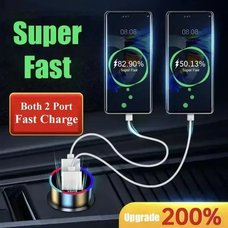 240W Car Charger Fast Charging 2 USB Ports Adapter for IPhone Samsung Xiaomi Quick Charging Chargers with Digital Display