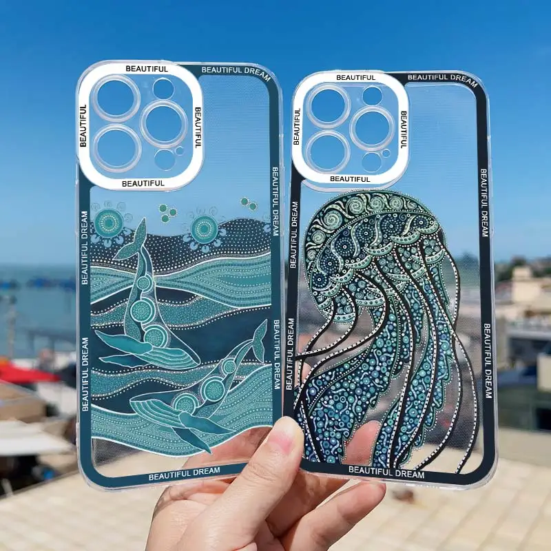 Ocean Whale Jellyfish Hand Painted Pattern Clear Phone Case For iphone 14 11 12 13 15 Plus Pro Max X XR XS 7 8 Plus SE2020 Cover