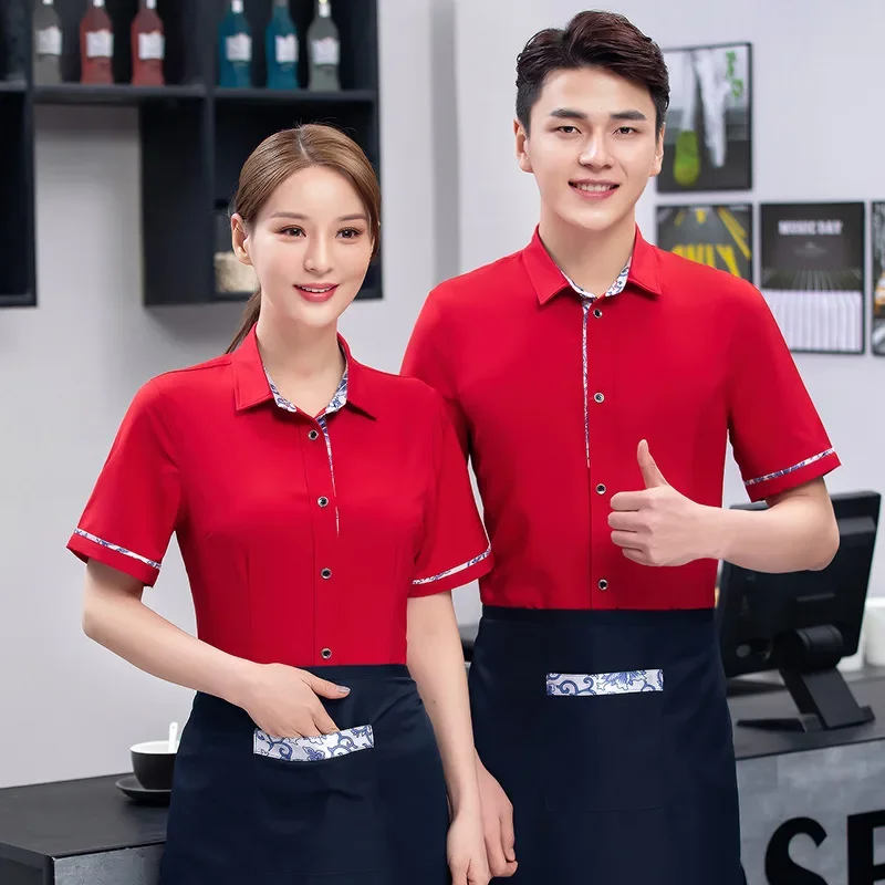 Uniforme de serveur de Restaurant chinois, vêtements de cuisinier de Service alimentaire de restauration, salopette de personnel, vêtements de travail de boulangerie, hauts à manches courtes pour marmite