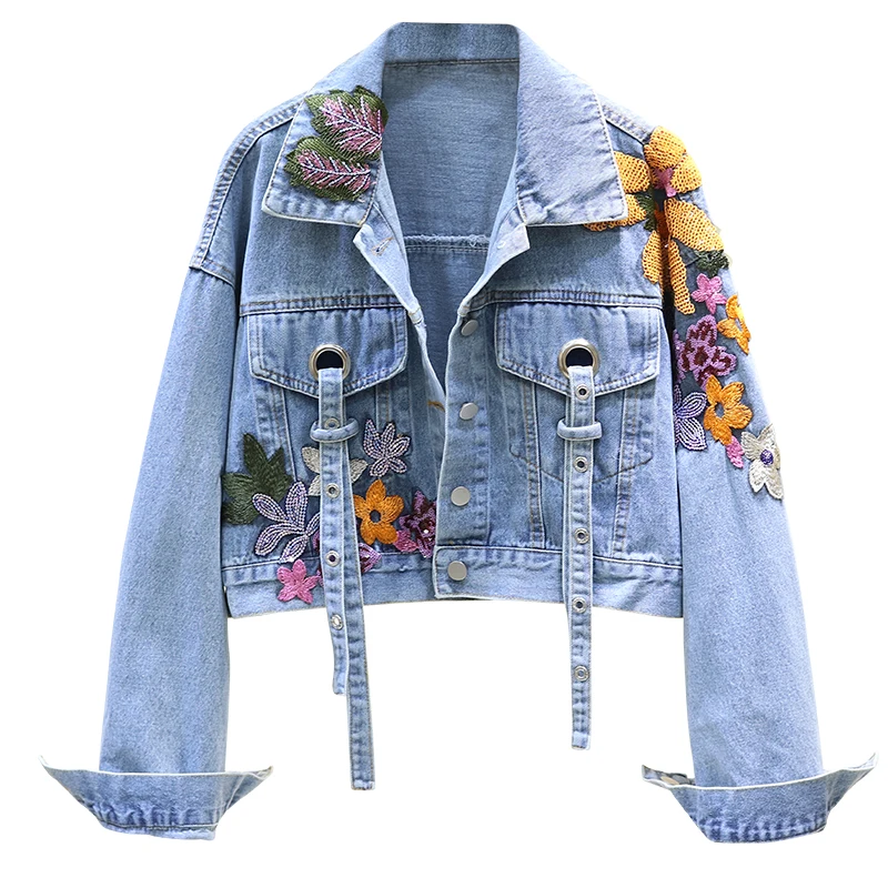 Women Jeans Jacket Feminine Spring Autumn Sequin Floral Embroidery Denim Jackets Coat Female Short Long Sleeve Outerwear Femme