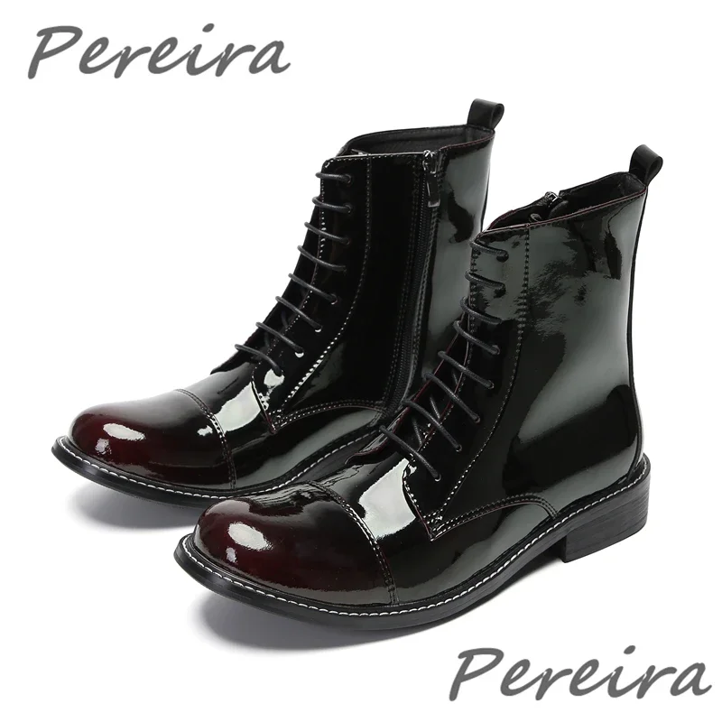 

Gradient Patent Leather Motorcycle Boots for Men Fashion Round Toe Lace-Up Short Boots Outdoor Waterproof Comfort Walking Shoes