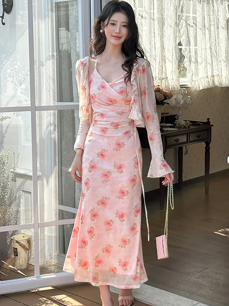 

Women Pink Floral V-Neck Sexy Sling Long Dress+Long Sleeve Blouses Two Piece Sets 2025 Autumn Elegant Bodycon Luxury Dress Suits