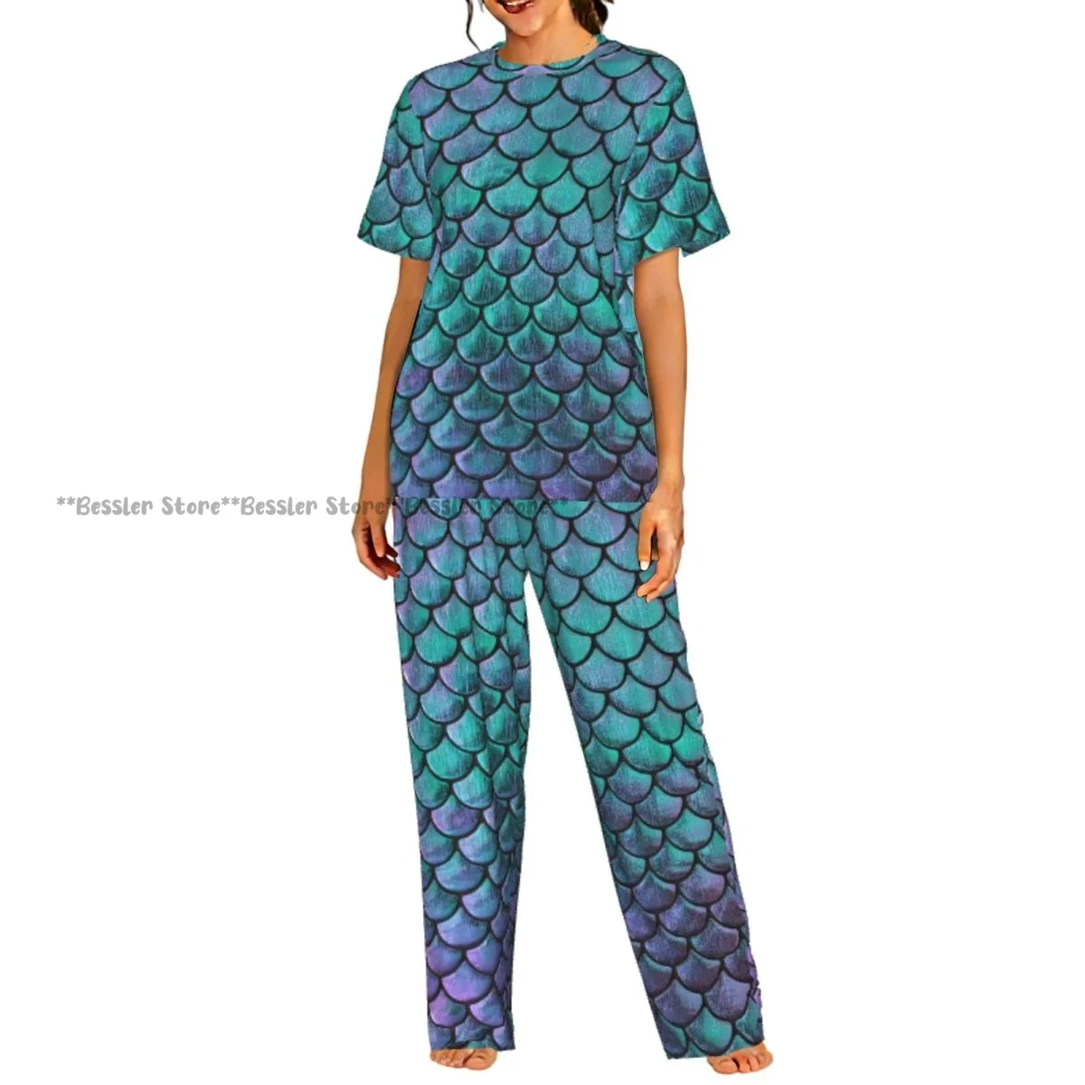 

Комплект пижамы с рисунком чешуи русалки, женская домашняя одежда с короткими рукавами