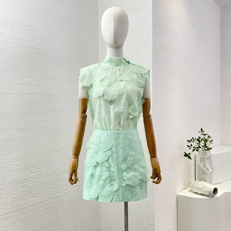 Women's Mint Green Flowers Appliqued Embroidery Sleeveless Blouse Tops and Skirt Set for 2024 New Arrivals Holiday