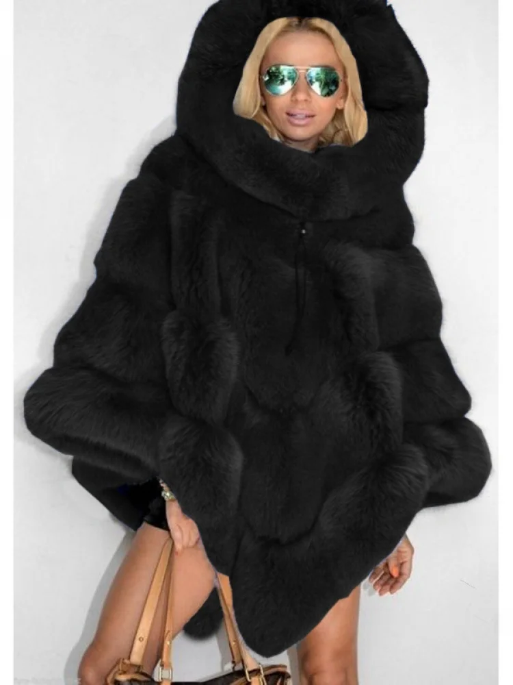 Elegant Pure Color Hooded Faux Fur Jacket Loose Commute Coat Women's Style Long Sleeve Elastic Waist Design Luxury Feel