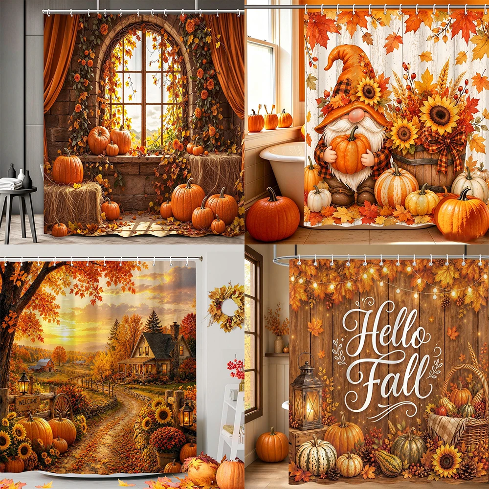 Autumn Maple Leaf Pumpkin Shower Curtain Thanksgiving Rustic Farm Barn Elf Polyester Shower Curtains Bathroom Decor with Hook