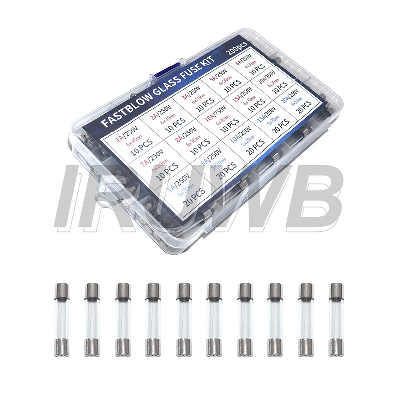 

200 шт., 250 В, 5x20 мм и 6x30 мм, стеклянные трубчатые предохранители, набор быстродействующих стеклянных предохранителей, 15 значений, набор автомобильных предохранителей