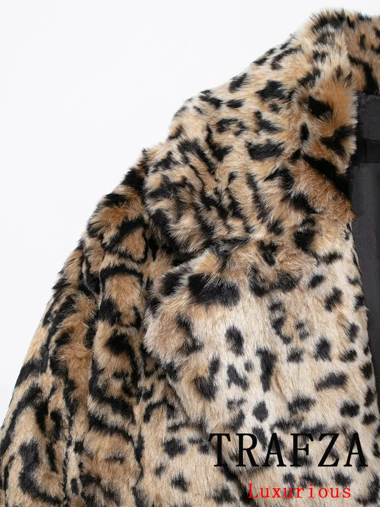 TRAFZA Vintage Casual Chic Leopard Women Jackets Faux Fur Loose Long V-Neck Coat New Fashion 2024 Autumn Winter Thick Warm Coats