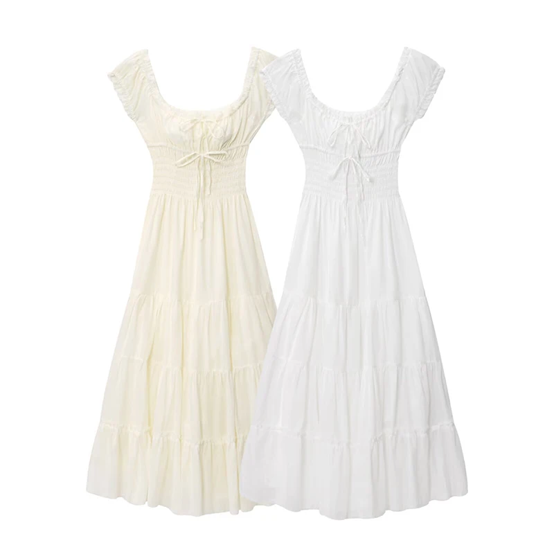 French Style Solid U-Neck Summer Dresses 2025 Women Short Sleeve A-line Casual Beach Boho Holiday Dress Elegant Lady Robe