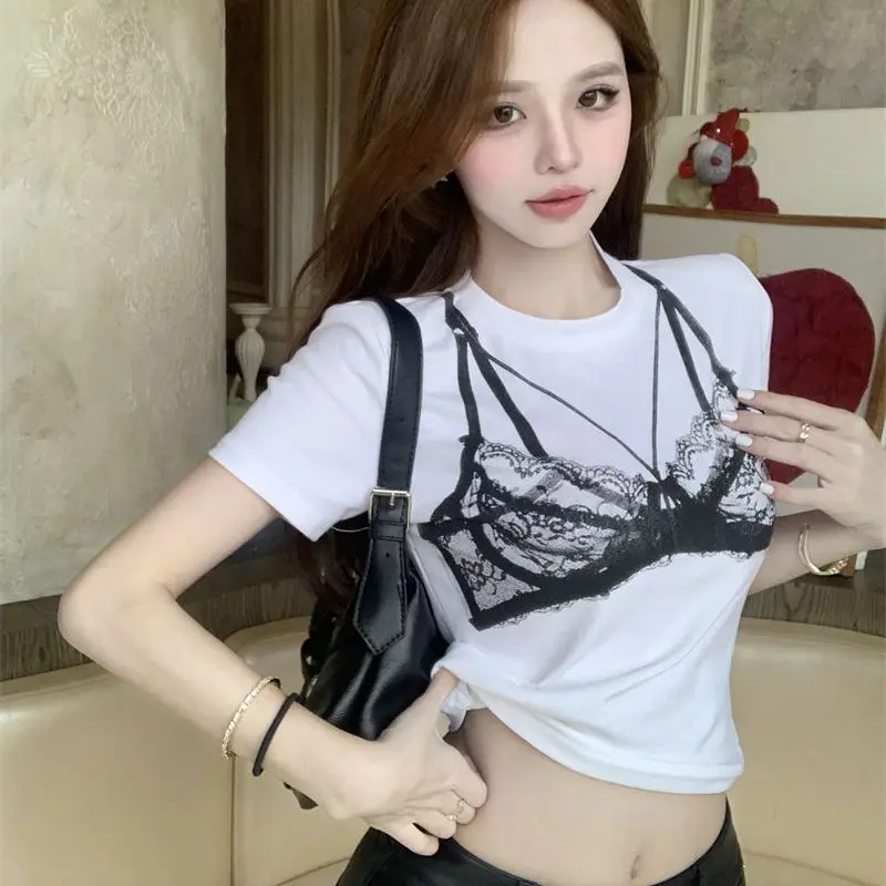 2024 New Summer Design Lace Print Short Sleeve T-Shirt Women's Short Tees Summer Sexy Crop Top