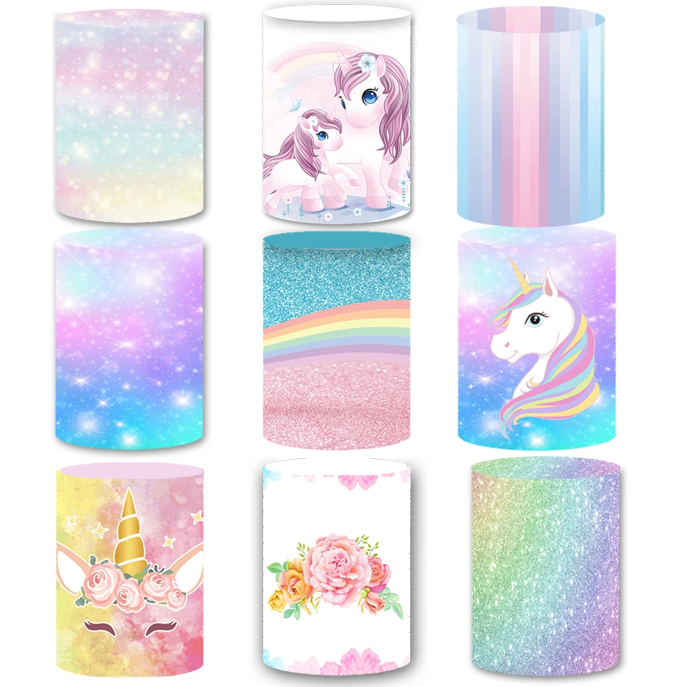 Unicorn Theme Cylinder Covers Party Decorations Plinth Pedestal Cover Baby Shower Birthday Desserts Tablecloth Stretch Cloth