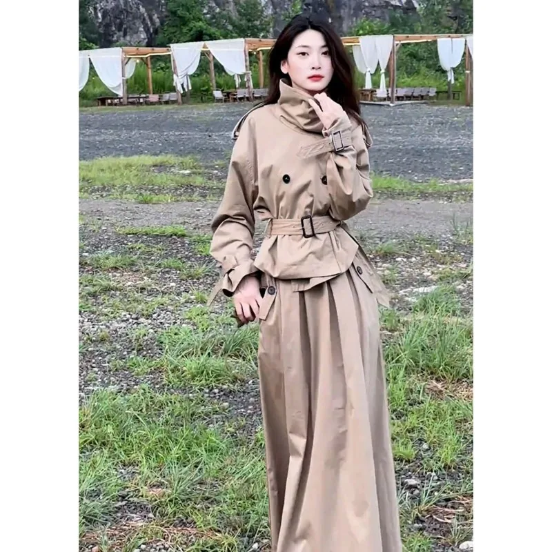 

Blouse Skirt Suit Women Autumn Trench Coat Solid Color Button Belt New Comfortable Minimalist Casual Niche Versatile Fashionable