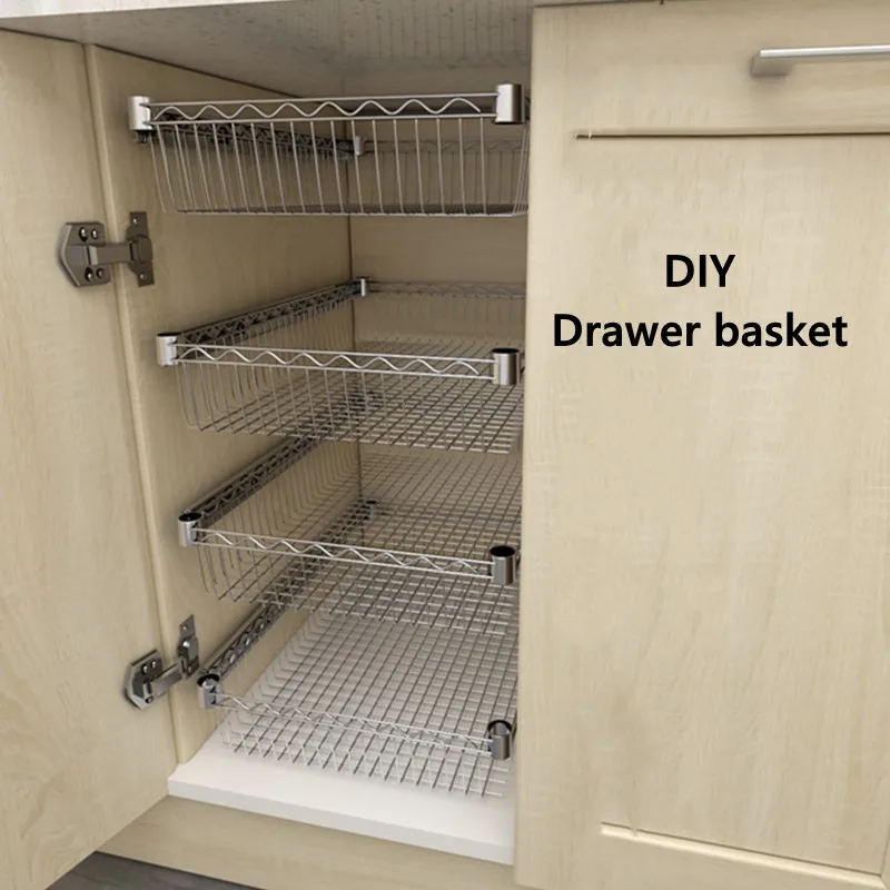 DIY Cupboard Drawer Basket Kitchen Storage Shelf Organizer Sliding Cabinet Basket Pull Out Metal Drawer Type Mesh Basket