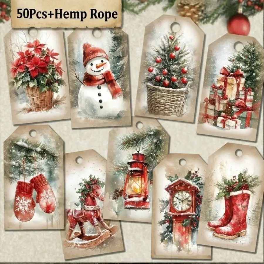 1/5/10/20/50/100pcs Vintage Distressed Christmas Tags, Nostalgic Style Gift Labels, Christmas Tree Fireplace Pinecone Themed Tag