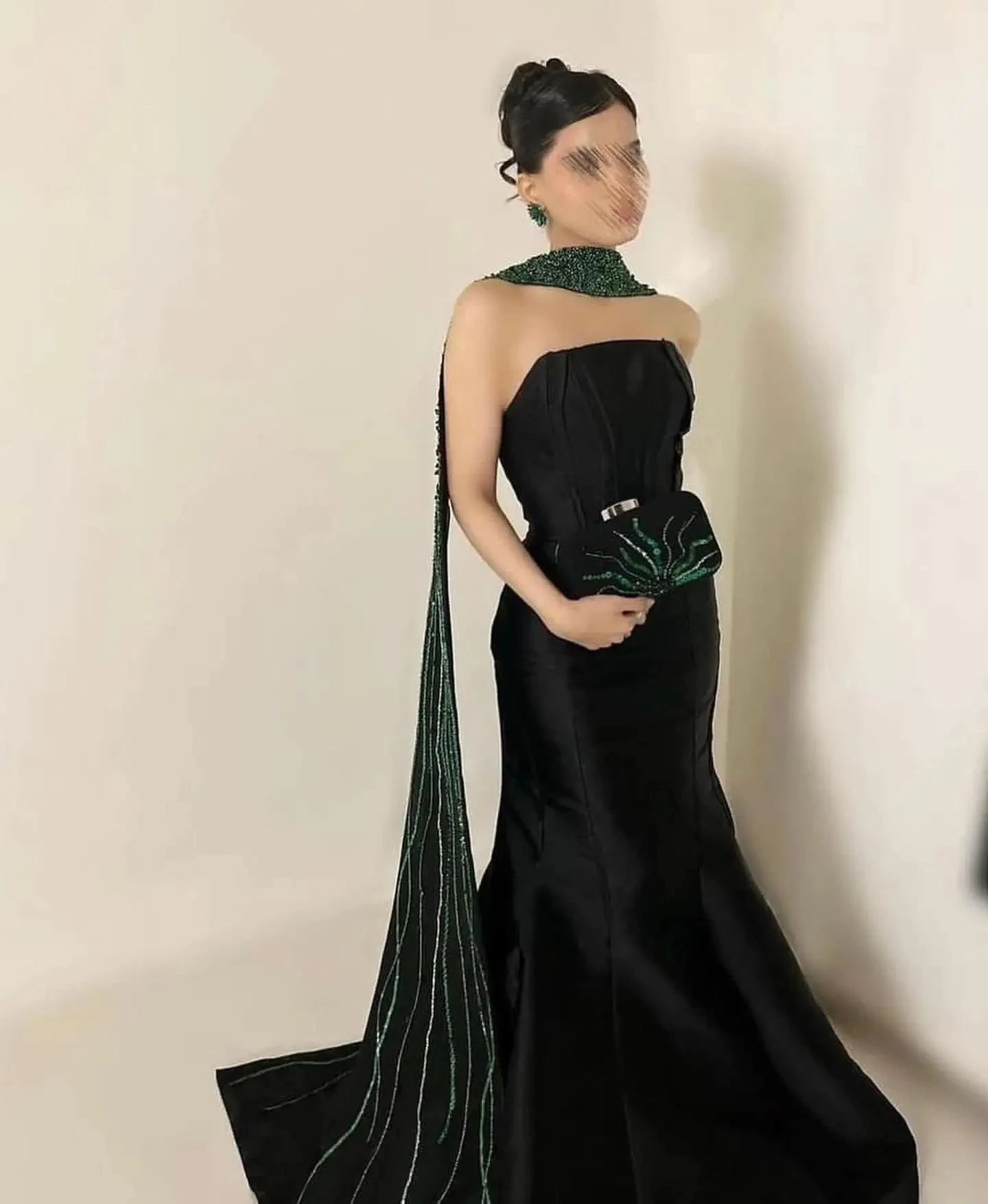 Luxury Black Mermaid Satin Arabic Evening Dresses With Green Beaded Scarf For Women Luxury 2024 Wedding Birthday Party Prom Gown