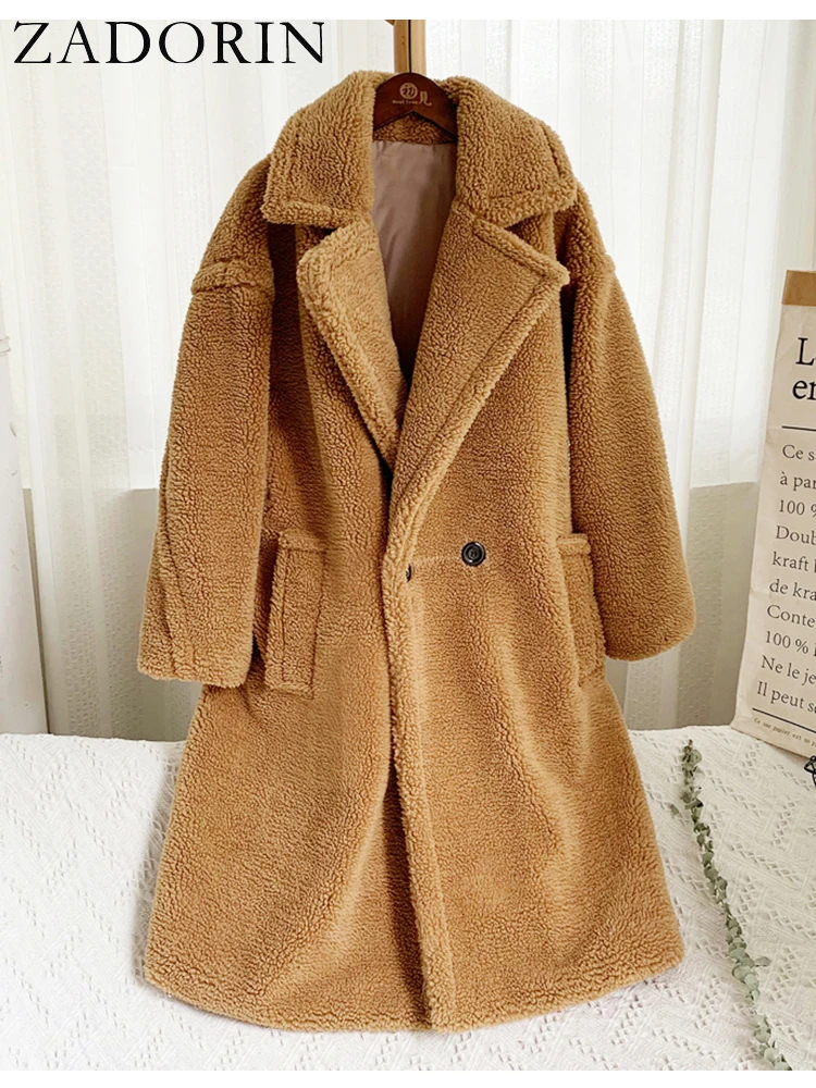 ZADORIN Zimowy Gruby Ciepły Jednolity Płaszcz Teddy Damski High Street Oversize Różowy Sztuczny Kożuch Damski Długi Płaszcz Kurtka ze Sztucznego Futra