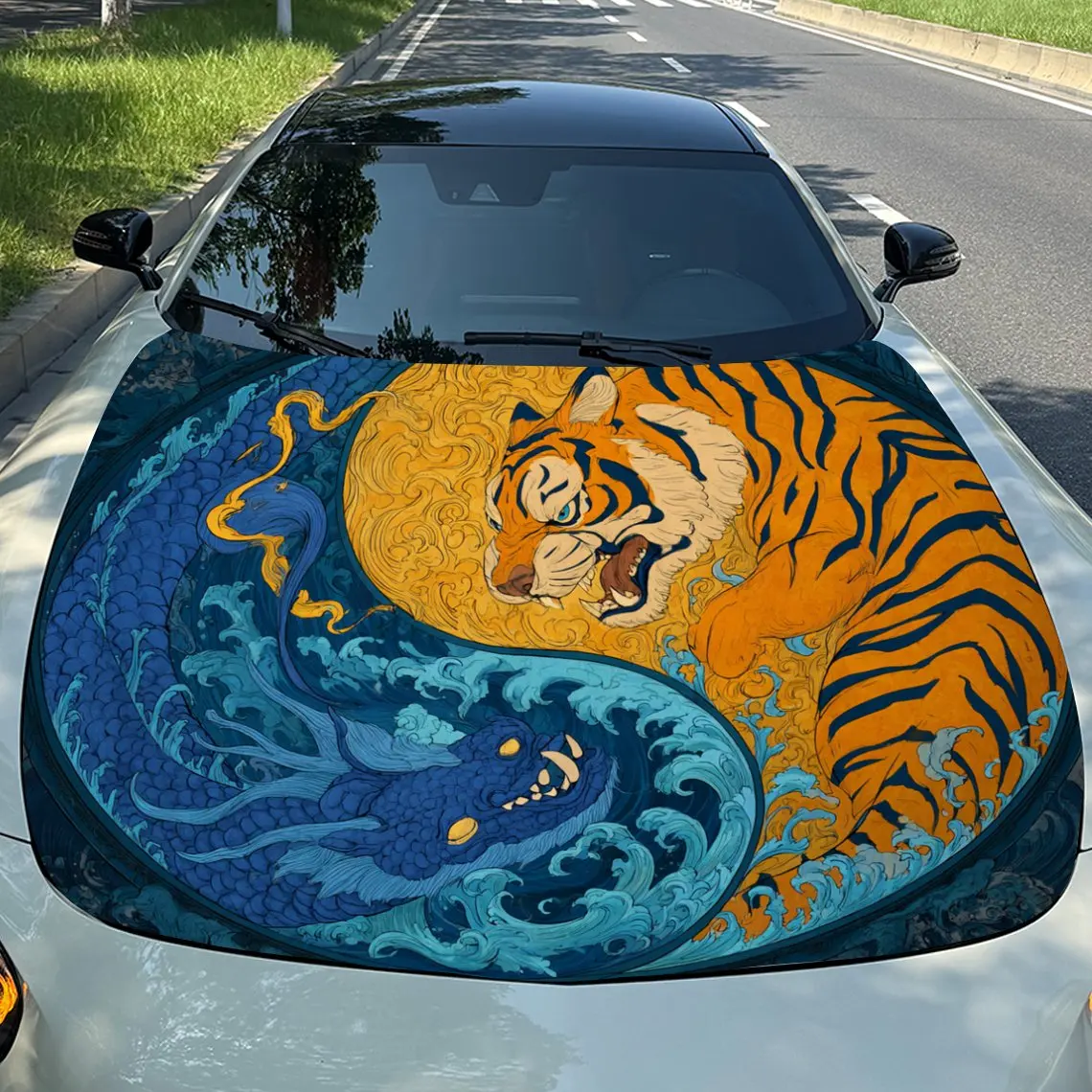 

Harmonious Yin - Yang Tiger Car Hood Stickers - Self-Adhesive, Waterproof and Durable Vinyl Wrap, Decorate And Protect Your Car,