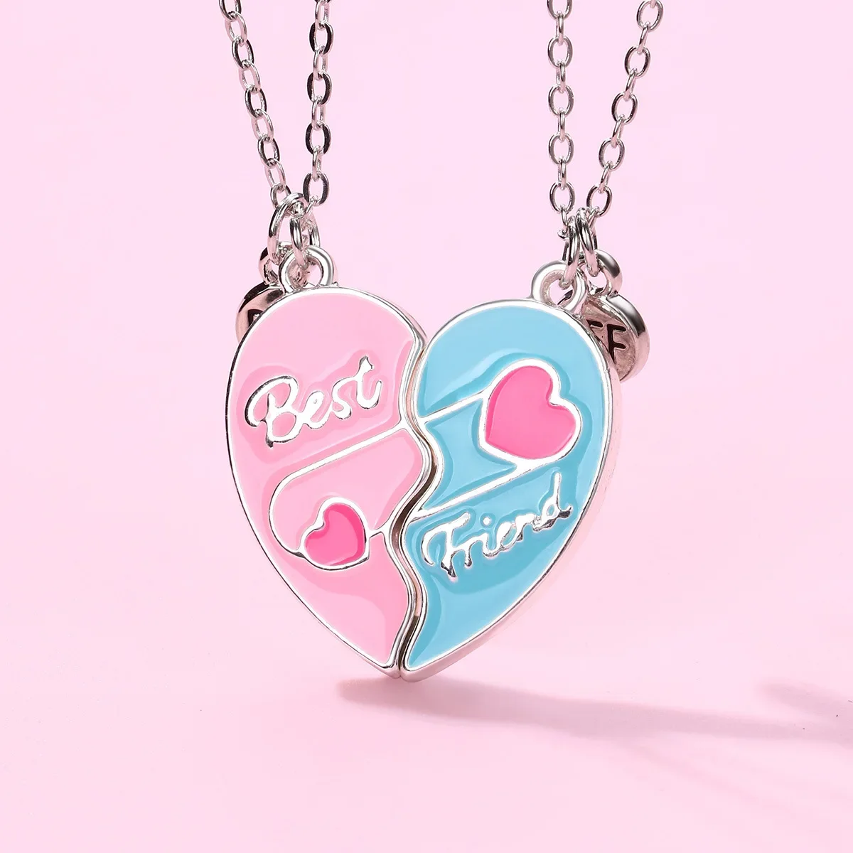 Elviragirl 2Pcs/set Heart-shaped Stitching Drip Oil Painted Best Friend Necklace BFF Friendship Jewelry Gifts for Kids