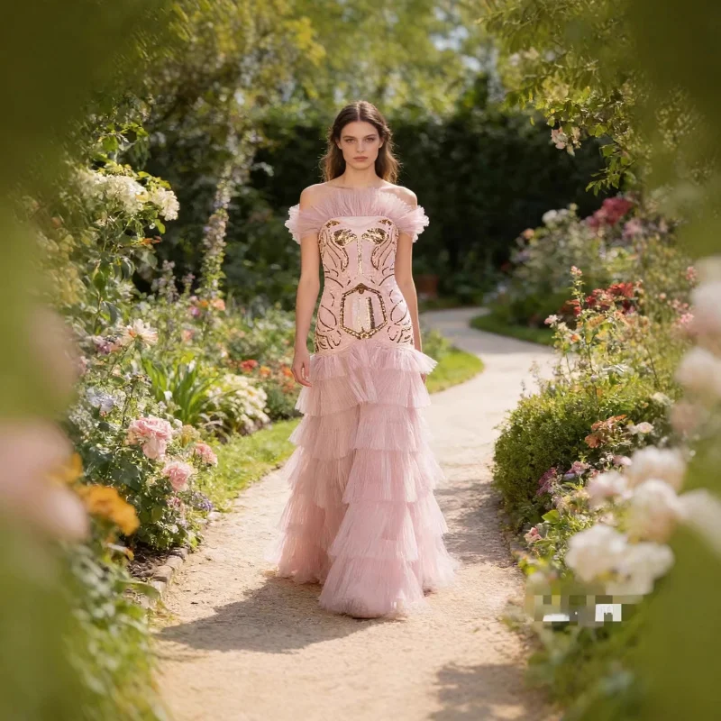 

New Arrival: Women's Pink Off-Shoulder Sequin Mesh Tiered French Style Elegant Long Evening Dress