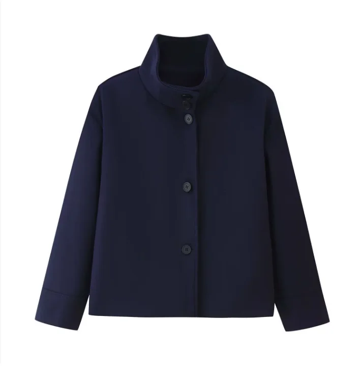 Women Woolen Jacket With Wide Shoulder Autumn Vintage High Neck Long Sleeve Button Lady Coats Causal Female Chic Tops Clothes