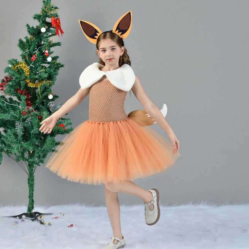 Uroczy, słodki i super uroczy kostium cosplay na Halloween dla dziewczynki, anime Pokémon, przebranie Eevee, sukienka z puszystą spódniczką do odgrywania ról.