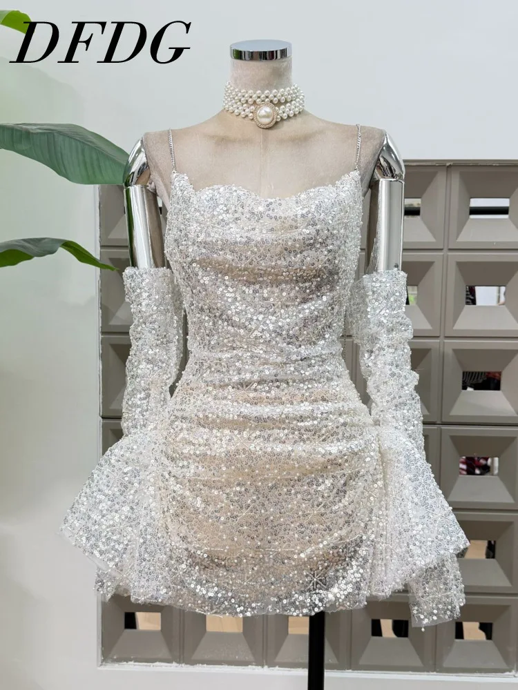 

DFDG Women’s 2025 SS Vintage Embellished Bodycon Dress Beaded Sequins Spaghetti Strap Surplice Neck Sexy Evening Party Dress