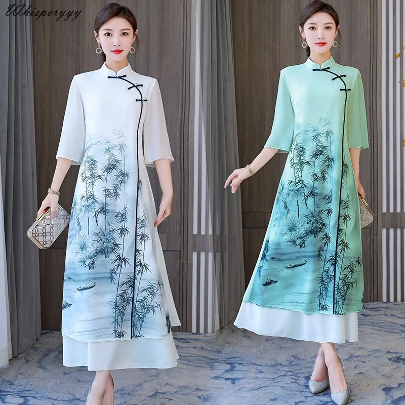 

Summer New Chinese Style Qipao Women's Retro Printed Long Cheongsam Improved Hanfu Slim Traditional Ethnic Style Ao Dai Dress