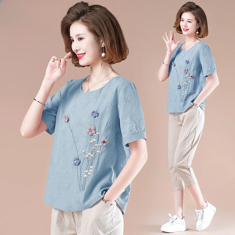 

Women O Neck Short Sleeve Flower Print Elegant Two Piece Sets Female Outfits High Waist Loose Pants Ladies Tops Summer Z226