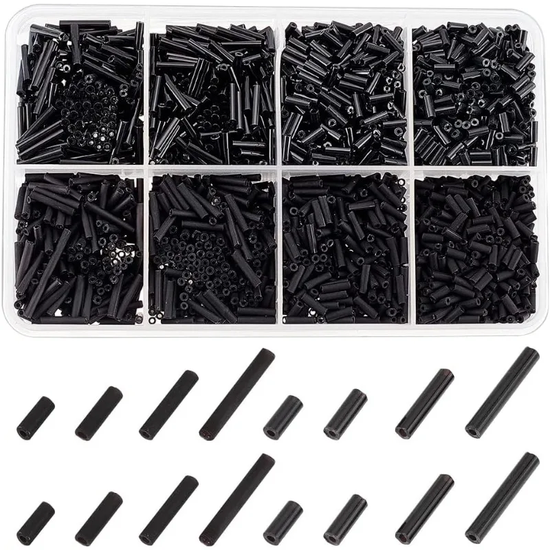 4 Sizes Glass Bugle Beads 1980 Pcs Opaque Frosted Black Charms Small Craft Beads with Hole Long Tube Seeds Beads for DIY