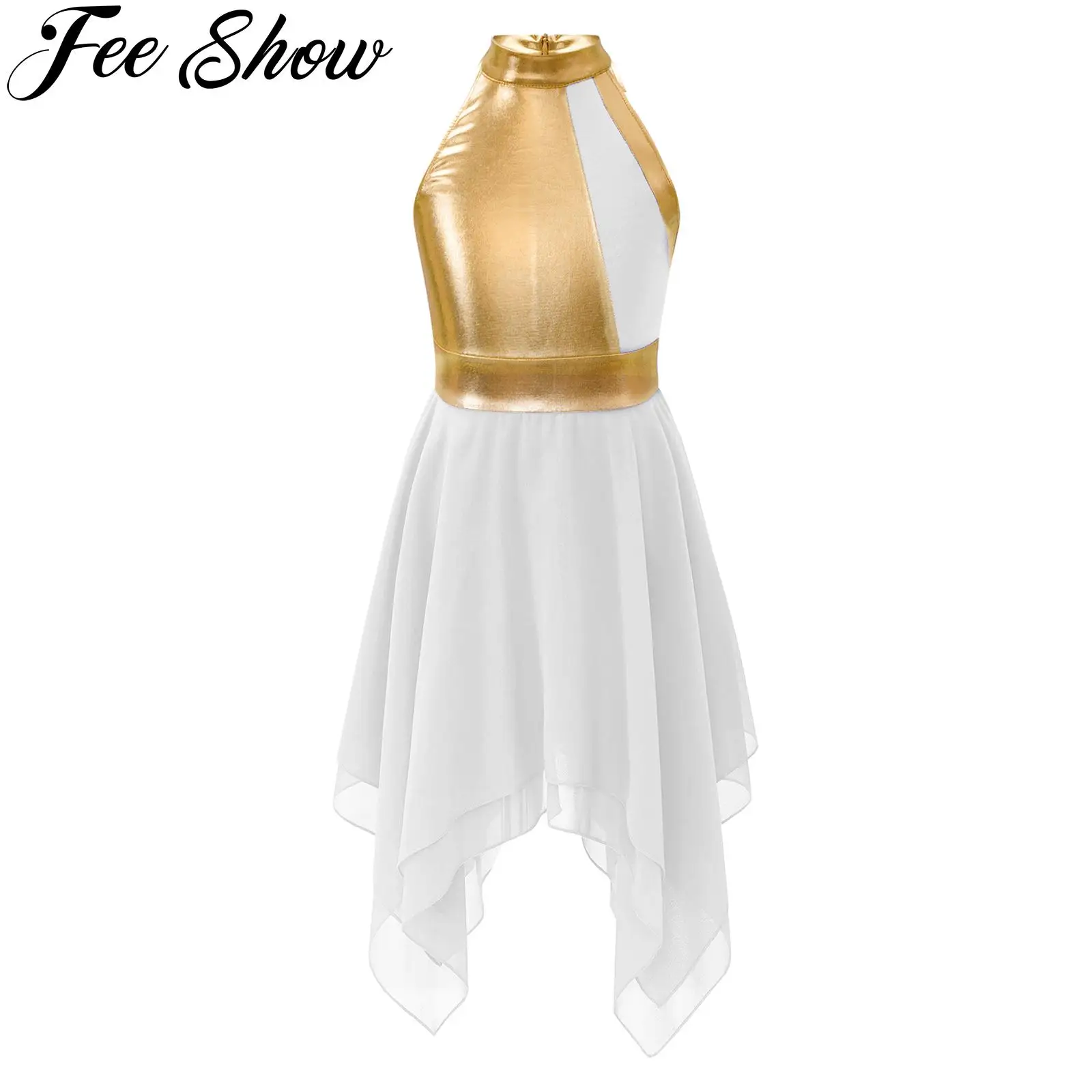 Kids Girls Sleeveless Praise Dance Dress Liturgical Metallic Color Block Robe Worship Dresses Modern Contemporary Dancewear