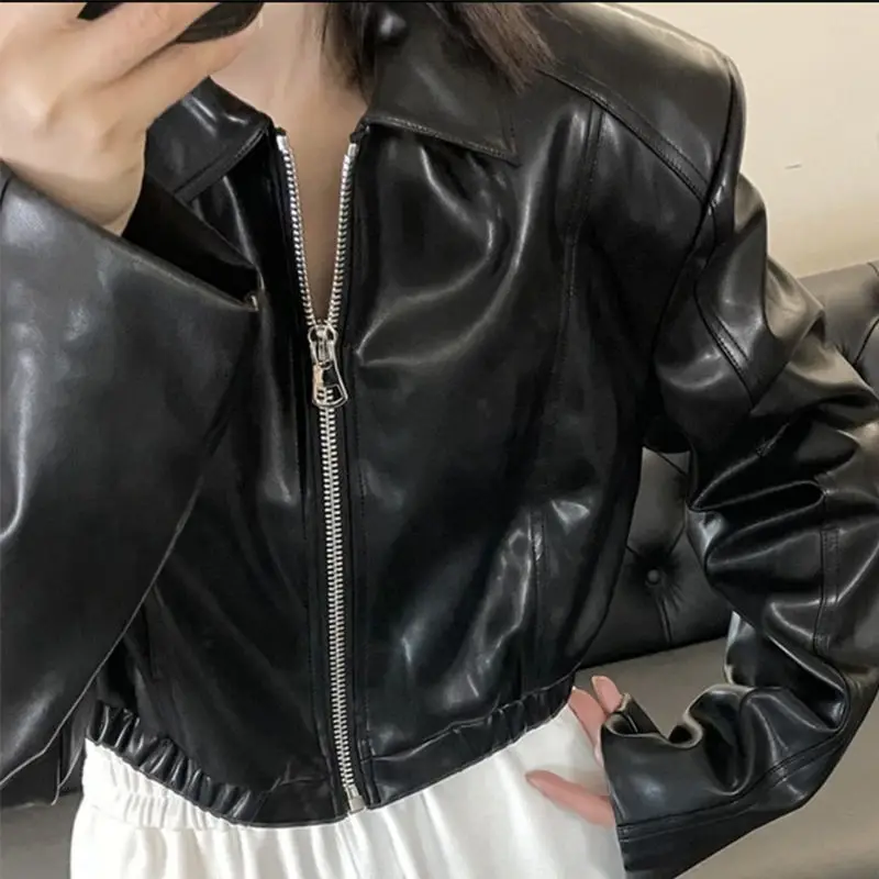 Faux Leather Jacket Women Motorcycle Cropped Jacket Short Tops Zipper Long Sleeve Y2k Clothing Pu Leather Coat Streetwear Black